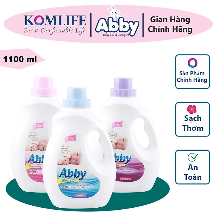 Nước Giặt Xả Mẹ & Bé ABBY 5in1, An Toàn Cho Da Nhạy Cảm, Lưu Hương Dịu Nhẹ, Chai 1.1L – Tím