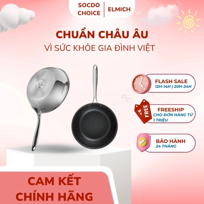 Chảo inox nguyên khối, chống dính vân đá 3D elmich Trimax 2 size EL2415OL 20cm, EL2416OL 24cm